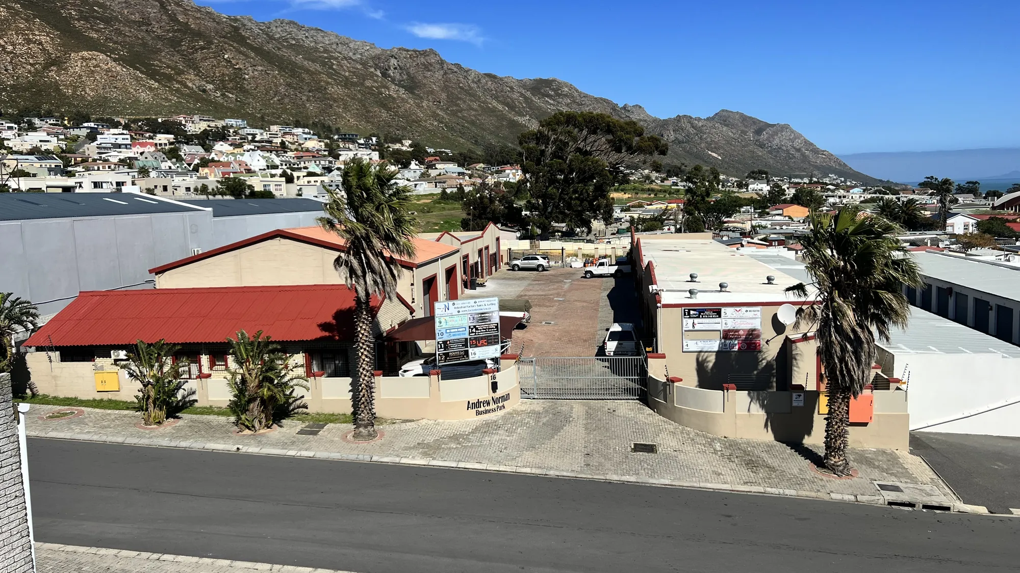 Andrew Norman Business Park from above, with Gordon's Bay and the mountains behind